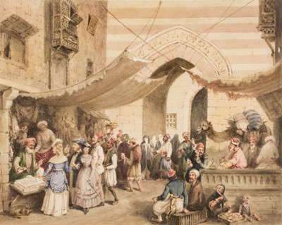 Lot 215 - Prinsep (William, 1794-1874).  A Visit to the Bazaar, Cairo, 1870, watercolour