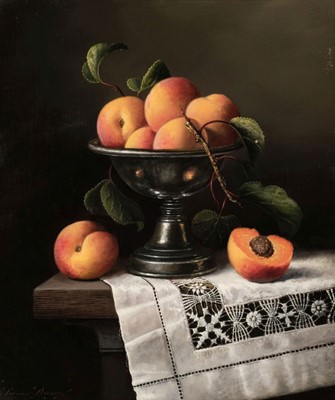 Lot 308 - Davies (Brian 1942-2014). Still Life of Peaches, in a silver bowl on a table, oil on canvas