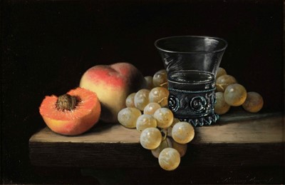 Lot 307 - Davies (Brian 1942-2014). Still Life of Peaches and Grapes, oil on canvas