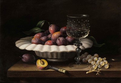 Lot 309 - Davies (Brian 1942-2014). Still Life of Plums, oil on canvas