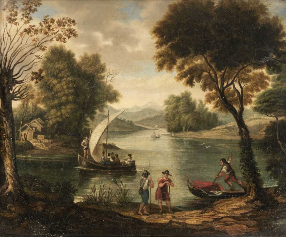 Lot 6 - Dutch Italianate School. River landscape with figures, boats, and a house by the shore, circa 1670