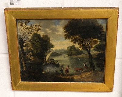 Lot 6 - Dutch Italianate School. River landscape with figures, boats, and a house by the shore, circa 1670