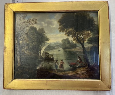 Lot 6 - Dutch Italianate School. River landscape with figures, boats, and a house by the shore, circa 1670