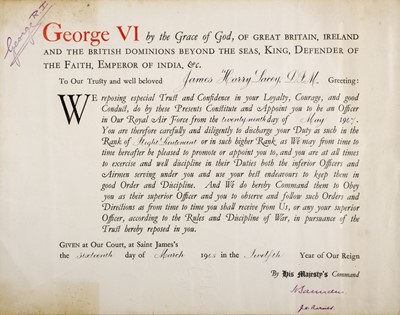 Lot 432 - Squadron Leader J.H. (Ginger) Lacey. An original commissioning warrant dated 1947