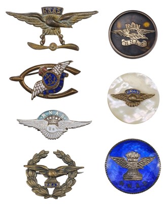 Lot 530 - Royal Naval Air Service. RNAS silver and enamel brooch and other related badges