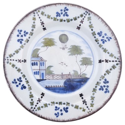 Lot 512 - Early Ballooning.  London delft plate commemorating the flight of Vincenzo Lunardi