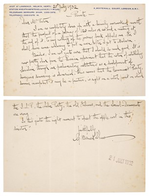 Lot 265 - Shaw (George Bernard, 1856-1950), A group of 3 Autographs (one Letter and 2 Notecards), 1932-47