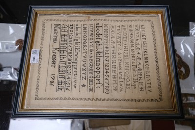 Lot 448 - Sampler. A blackwork sampler by Martha Spriggs, née Knight, 1786