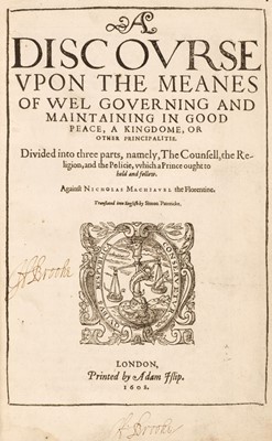 Lot 260 - [Gentillet, Innocent]. A Discourse upon the Meanes of Wel Governing and ... in Good Peace, 1608