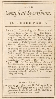 Lot 86 - Jacob, Giles. The Compleat Sportsman. In 3 Parts... , 1st edition
