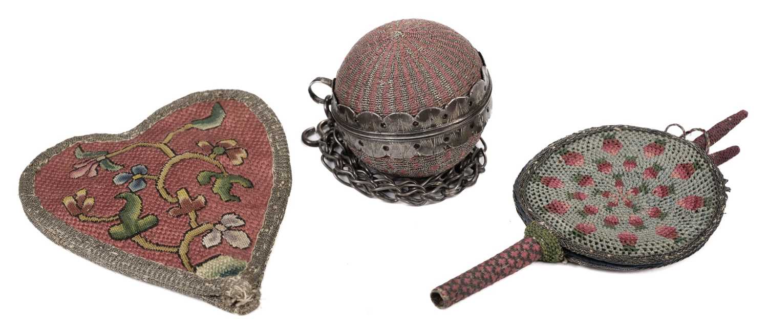455 - Sewing. An 18th century girdle pin cushion ball, & 2 other items