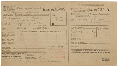 Lot 398 - 02 Munich Crisis. Neville Chamberlain’s flight ticket, 29 September 1938