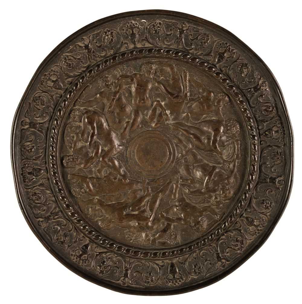 Lot 48 - After Eugenio Bellosio (1847-1927). Battle of Lapiths and Centaurs, circular bronze dish