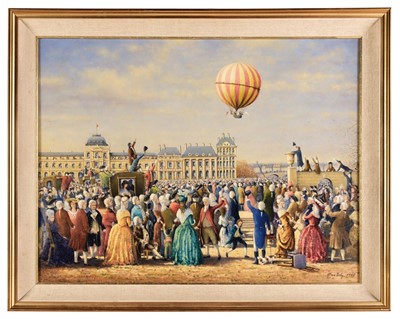Lot 294 - Tidy (Alan). Paris 1783, The First Manned Hydrogen Balloon, oil on canvas