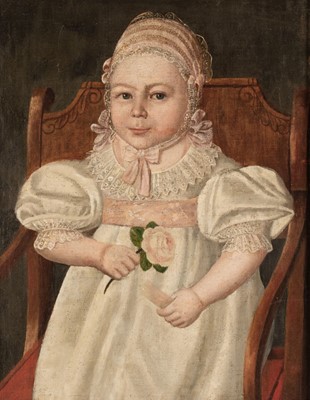 Lot 102 - Naive School. Portrait of a Young Girl, circa 1800, oil on canvas, laid onto board