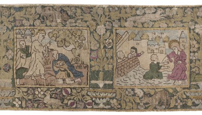 Lot 541 - Embroidered Panel. Scenes from the Life of Christ, probably Swiss or South German, early 17th c.