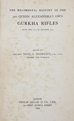 Lot 28 - Woodyatt (Nigel G.). The Regimental History of the 3rd Queen Alexandre's Own Gurkha Rifles, 1st edition, London: Philip Allan & Co., 1929