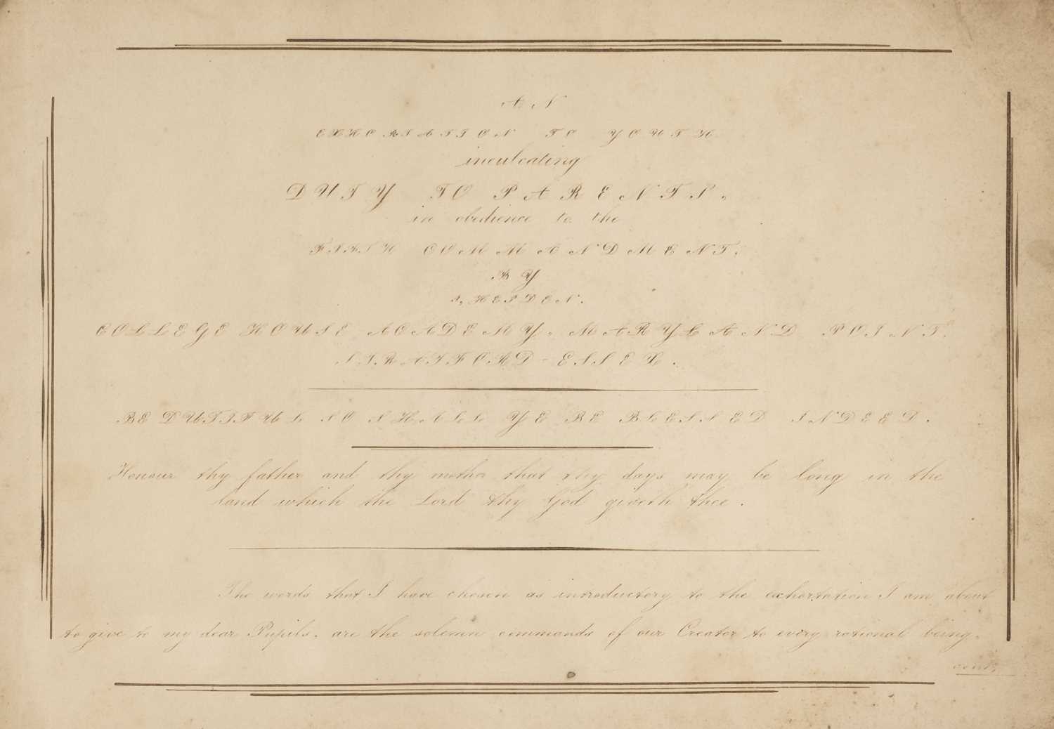 Lot 363 - Handwriting Specimen Book. An Exhortation to Youth Inculcating Duty to Parents... , [1844]