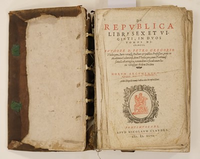 Lot 279 - Grégoire (Pierre). De republica libri sex et viginti... , 1st edition, 1596