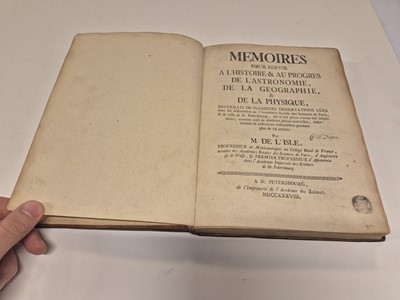 Lot 205 - De l'Isle (J. N.). Memoires pour servir... au Progrès de l'Astronomie, 1st edition, 1738