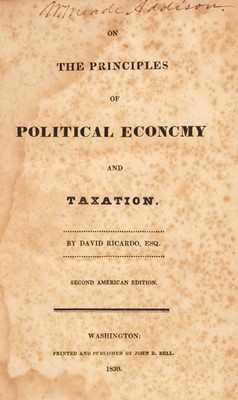 Lot 224 - Ricardo (David). On the Principles of Political Economy and Taxation, 2nd American edition, 1830