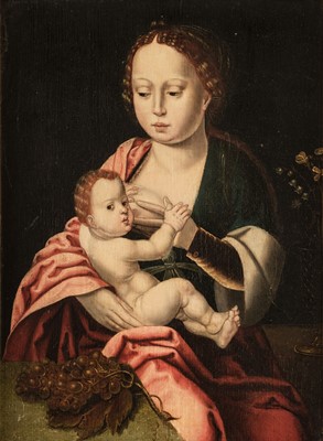 Lot 5 - Master of the Parrot (16th century). Virgin and Child with bunch of grapes, oil