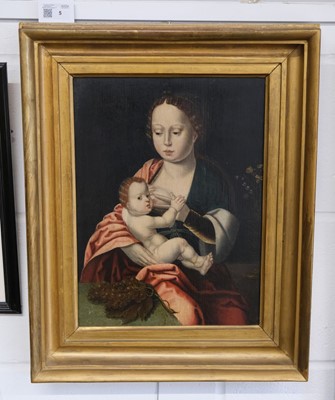 Lot 5 - Master of the Parrot (16th century). Virgin and Child with bunch of grapes, oil