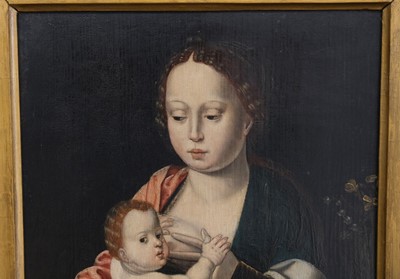 Lot 5 - Master of the Parrot (16th century). Virgin and Child with bunch of grapes, oil