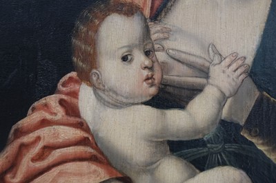 Lot 5 - Master of the Parrot (16th century). Virgin and Child with bunch of grapes, oil