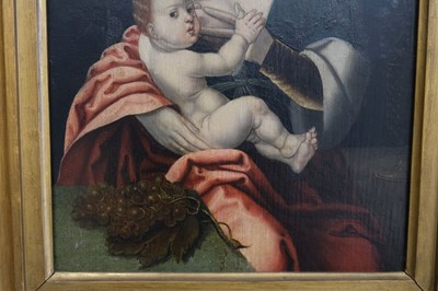 Lot 5 - Master of the Parrot (16th century). Virgin and Child with bunch of grapes, oil