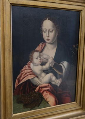Lot 5 - Master of the Parrot (16th century). Virgin and Child with bunch of grapes, oil
