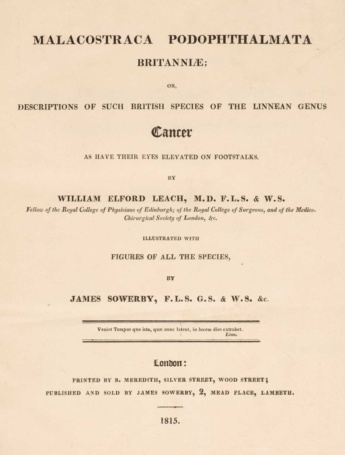 Lot 99 - Leach (William Elford). Malacostraca Podophthalmata Britanniae... , 1815-20 & 1875