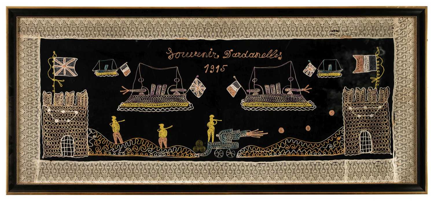 Lot 250 - Gallipoli. A souvenir embroidery commemorating the Allied Naval Assault on the Dardanelles 1915