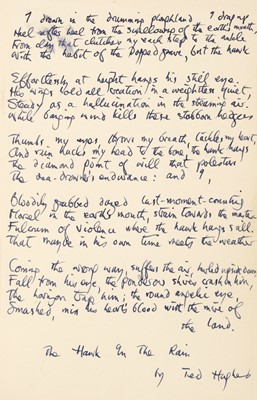Lot 623 - Hughes (Ted). The Hawk in the Rain, 1st edition, inscribed copy, 1957