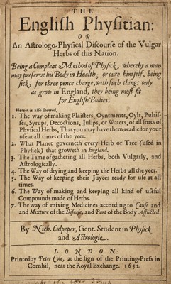 Lot 285 - Culpeper (Nicholas). The English Physitian, 1st ed., 1652