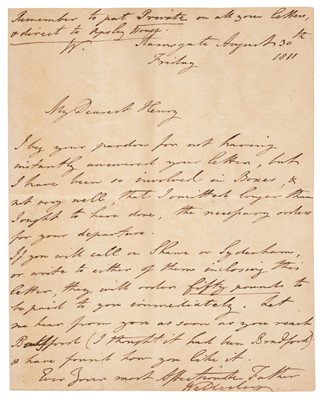 Lot 218 - Wellesley (Arthur, 1769-1852). Autograph Letter Signed, Ramsgate, 30 August 1811