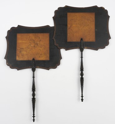 Lot 617 - Penwork Fans. A pair of early 19th century fans with drawings after Rubens and Caracci