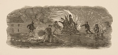 Lot 87 - Pupil of Thomas Bewick (1753-1828). 5th of November Bonfire, original woodcut printing block