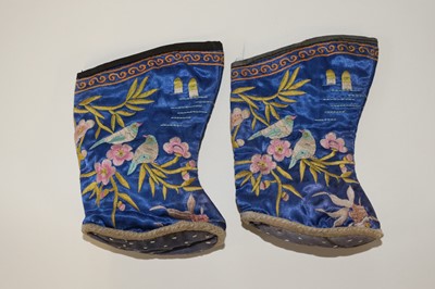 Lot 522 - Chinese. An embroidered rank badge, late Qing Dynasty, & children's shoes, & 3 fan cases