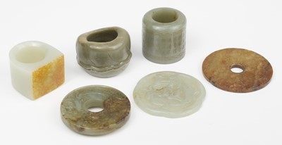 Lot 659 - Jade. Three Chinese jade archer rings and other items