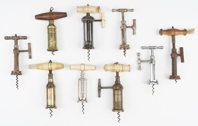Lot 719 - Corkscrews. An English four-pillar rack and pinion corkscrew, 19th century and other corkscrews