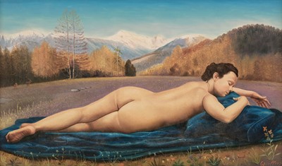 Lot 293 - Quellier (André, 1925-2010). Sleeping Nude, oil on board