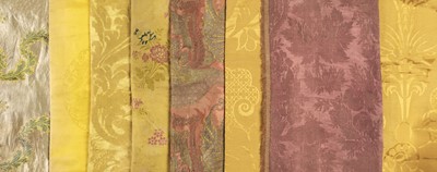 Lot 622 - Fabric. A collection of cloths made of 18th/early 19th century fabrics, & 3 cushion covers similar