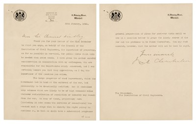 Lot 93 - Chamberlain (Arthur Neville, 1869-1940). Typed Letter Signed, 1940