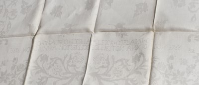 Lot 479 - Table Linen. A large damask tablecloth woven for Margaret Copland Blair, 1797, & others