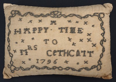 Lot 579 - Sewing. A pinwork pincushion belonging to Mrs Cathcart, 1796