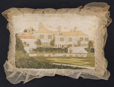 Lot 578 - Sewing. A pincushion embroidered with a house, late 19th/early 20th century