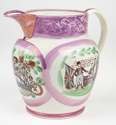 Lot 697 - Masonic Jug. A Sunderland lustre 'Mason's Arm's' pottery jug, circa 1820
