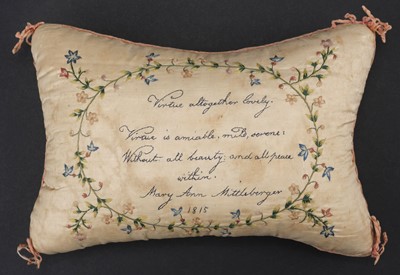 Lot 580 - Sewing. A Regency embroidered pincushion belonging to Mary Ann Mittleberger, 1815, & 2 others