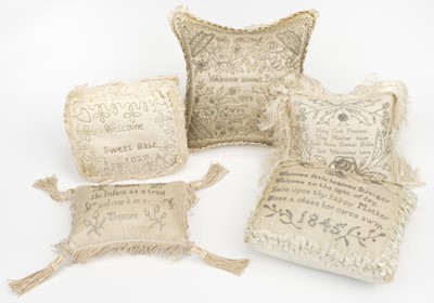 Lot 577 - Sewing. A large layette pinwork pin cushion, 1849, & 4 others